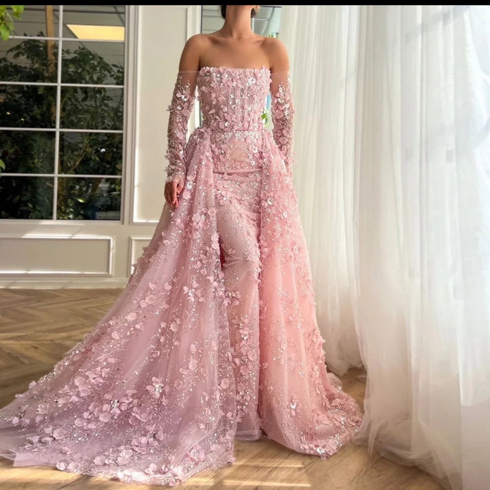 Elegant Pink Floral dress with train